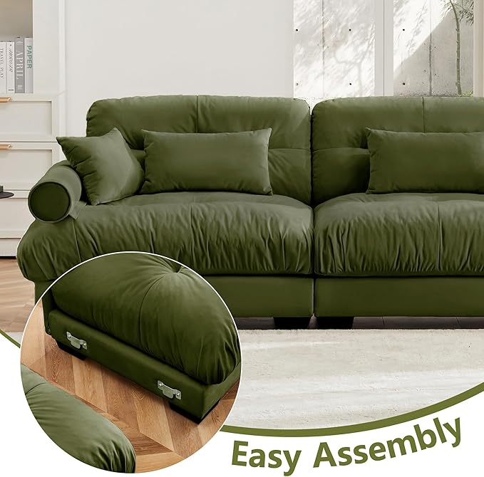 93.7 Oversized Modular Sectional Sofa 2-Seater L-Shaped Loveseat Cloud Couch with Ottoman and Pillows Deep Seat Comfy Velvet Sofa for Living Room Home Theater or Apartment Olive Green
