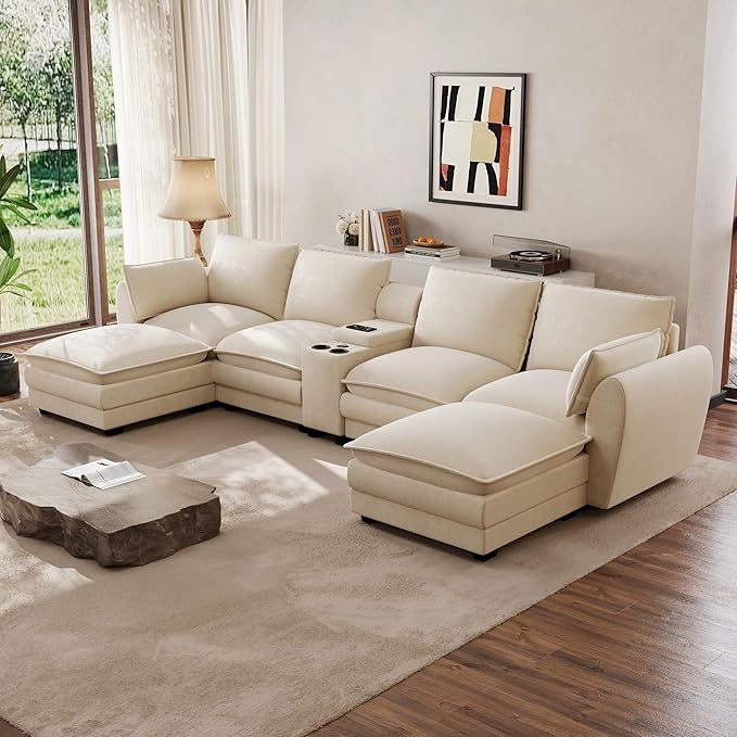 145'' Oversized Modular Sectional Sofa U Shaped Cloud Sectional Couches for Living Room Deep Seat Sofa with Central Console USB Port Cup Holders Movable Ottomans (Beige White)