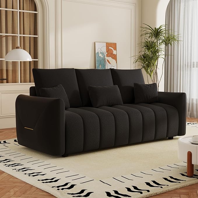 78 Cloud Couch Sofa for Living Room Comfy Plush Teddy Sectional 3-Seater Couches with Pillows and Back Cushions Cozy Modern Deep Seat Oversized Sofa for Bedroom Apartment Black