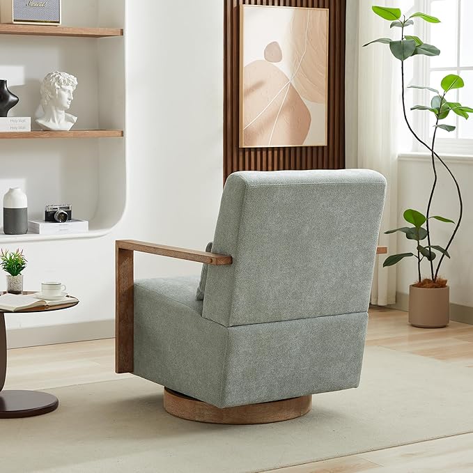 Swivel Modern Upholstered Accent Chair with Solid Wood Armrests and 360 Degree Comfy Lounge Reading Chair Side Armchair for Hotel Bedroom Living Room Office and Nursery Room (Pale Green)