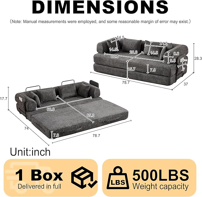 78.7 Chenille 4-in-1 Folding Convertible Sofa Bed Boneless Couches with 4 Pillows &amp Convenient Side Pockets Comfy Foldable Compressed Sofa in Box Floor Sofa Lounge Couch for Living Room(Gray)