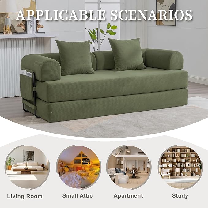 Convertible Sleeper Sofa Bed 78.5 Folding Floor Sofa Mattress Couch with Pillows Corduroy Futon Boneless Couch Lounge Loveseat with Pull Out Bed Green