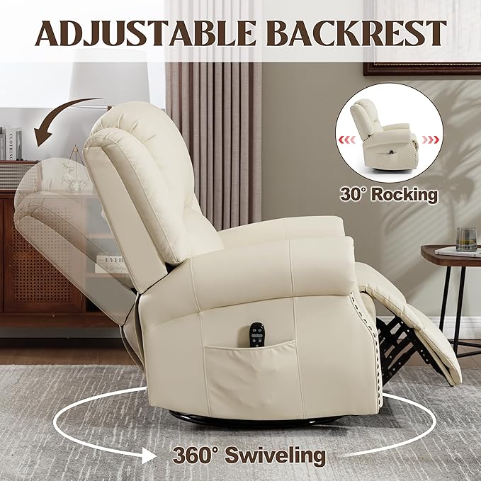 Leather Manual 360° Swivel Rocker Recliner for Adults Gulider Reclining Chair for Living Room with Vibration Massage and Lumbar Heat Side Pockets Faux Leather Beige