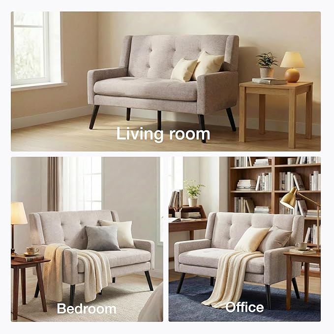 Mid-Century 47 Small Loveseat Sofa Plush Linen Fabric with Button Tufted High Back and Solid Wood Legs for Apartment Living Room Bedroom Home Office (Light Grey 2-Seater)
