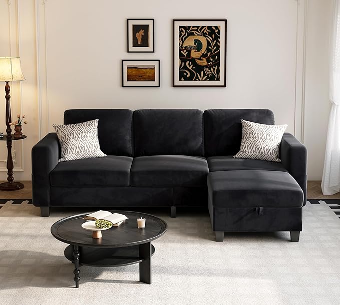 Youmumeub Sectional Couches for Living Room - Convertible Sofa and Storage Bench79''Modern Corner ConfigurationSuitable for Living Room Apartment Bedroom and Office-Black | Reversible Chaise Wash
