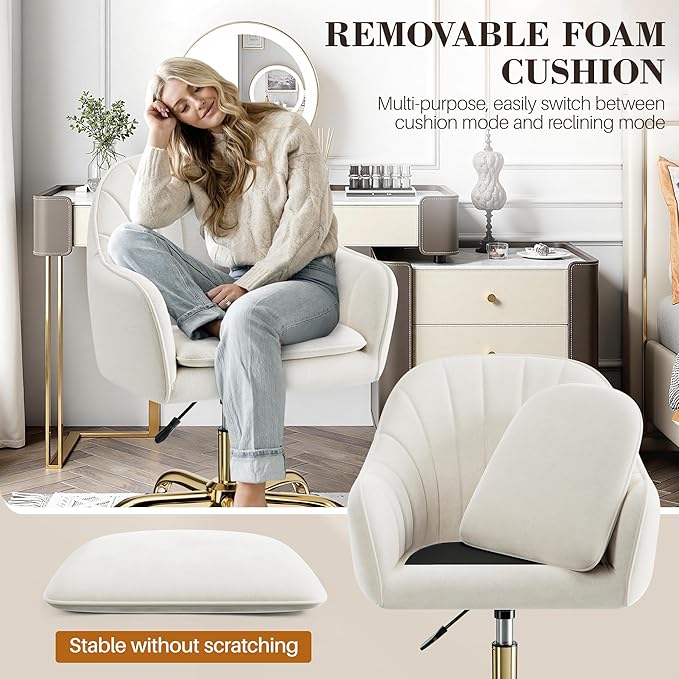 Vanity Chair with Wheels Comfy Home Office Desk Chairs Adjustable Modern Velvet Makeup Vanity Chairs for Bedroom Living Room-Beige
