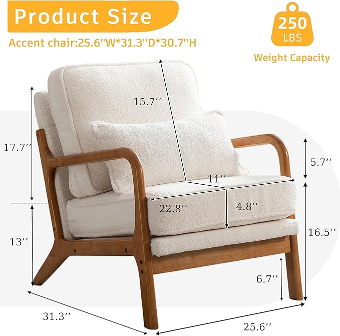 Mid-Century Modern Accent Chair Lounge Reading Armchair with Comfy Cushion &amp Lumbar Pillow &amp Solid Wood Frame for Living RoomBedroomGuest RoomSherpa FabricCreamWhite