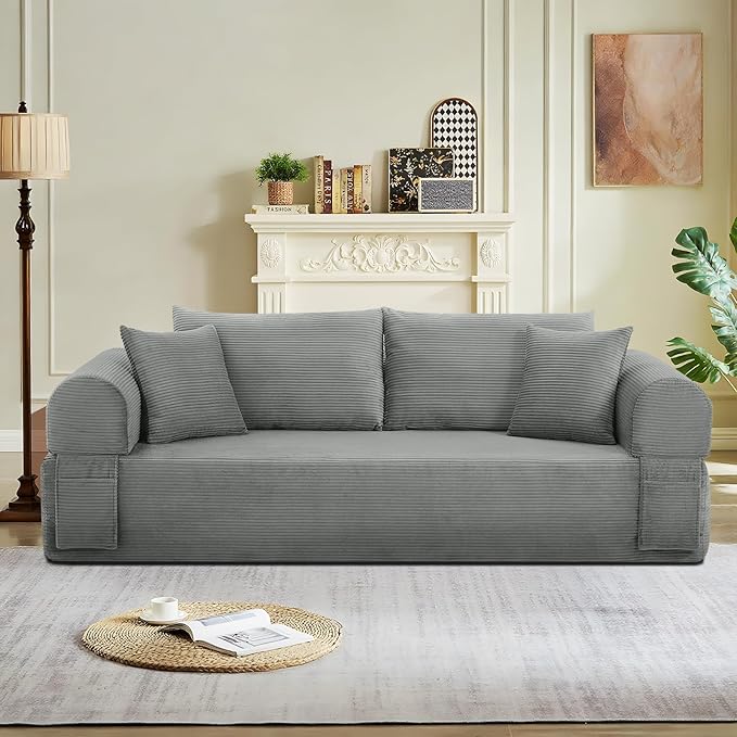 83 Sofa in a Box 3 Seater Couch No Assembly Boneless Sofa Bed with Cushion Back 2 Pillows Deep Seat Corduroy Fabric Side Storage Pockets for Living Room Bedroom Apartment Office Light Grey