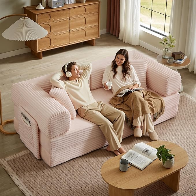 Boneless Couch Folding Couches for Living Room Sofa Futon Sofa Bed with Sleeper Sofa Futon Couch with Fixed-Shape Oversized Corduroy Upholstered (Pink 81 Inches)