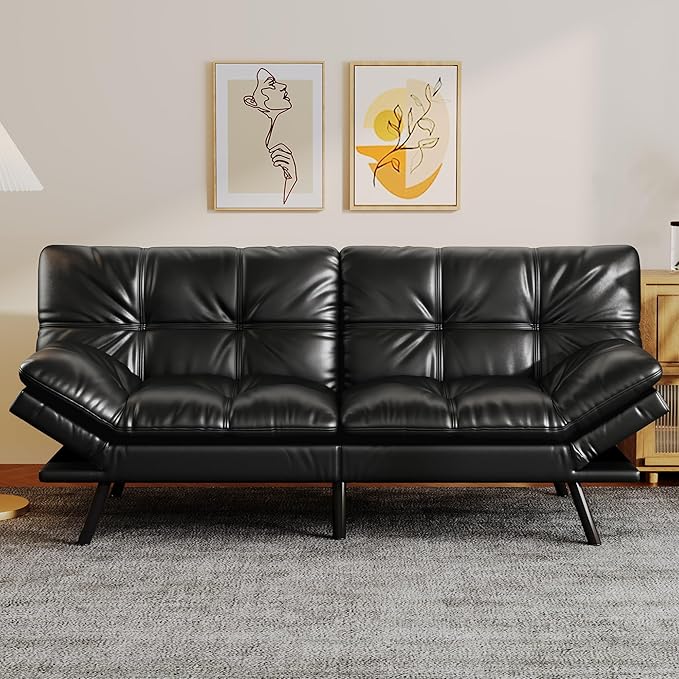 Black Faux Leather Futon Sofa Bed Memory Foam Futon Couch with Convertible Backrests &amp Armrests Small Splitback Loveseat Sofa for Living Room Home Office Apartment