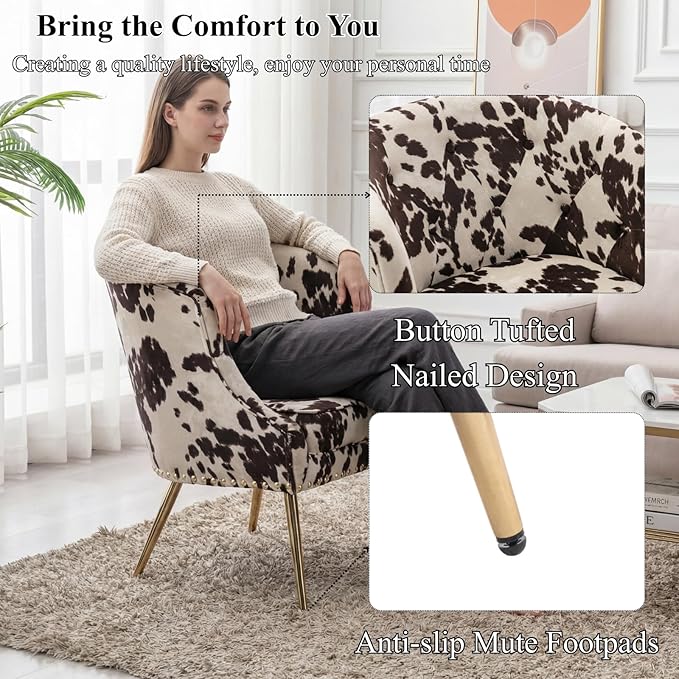 Modern Armchair Living Room Chair Small Tufted Linen Accent Chair for Bedroom with Upholstered Cushion Comfy Bedroom Chair with Golden Metal Legs Nailed Decorative (Cow)