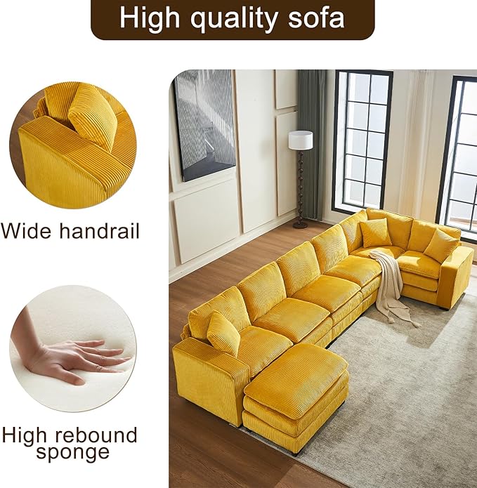 143 Large Modular Sectional Sofa Convertible U - L Shaped 6-Seat Sofa Couch with One Ottoman Chaise and Pillows Sectional Couches Comfy Corduroy Upholstered Sofa Sleeper for Living Room (Yellow)