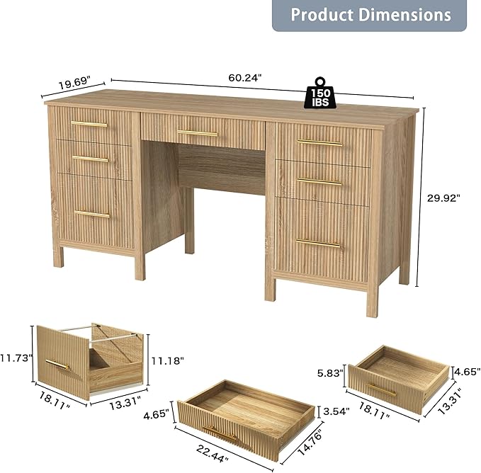 Oak Computer Desk with Storage: 60 Wooden Executive Office Desk with 7 Drawers Home Office Desks with File Drawers Fluted Writing Desks for Study Living Room