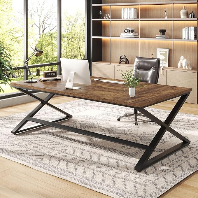IBF Rustic Large Desk for Home Office 78.7 Extra Long Computer Desk Wood Metal Wide Work Desk for Study Writing Farmhouse Dual Monitor Workstation Gaming Desk Computer Table Rustic Brown