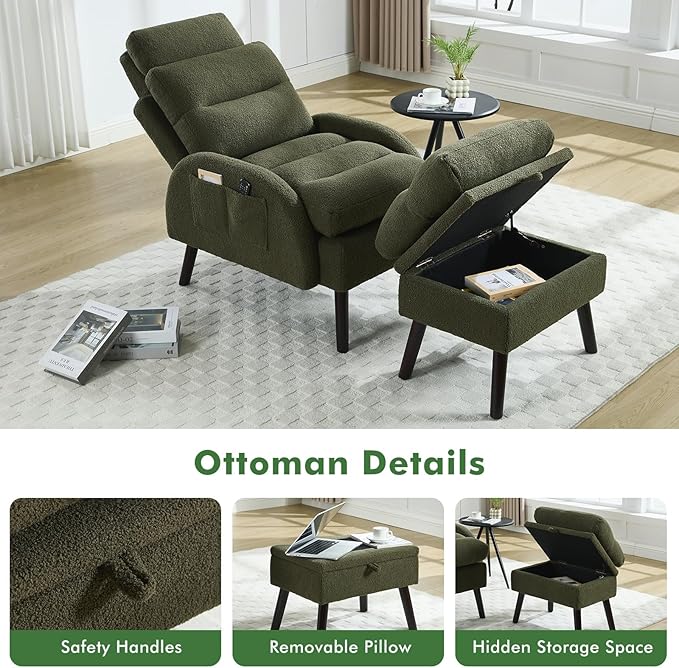 Accent Chair with Ottoman Comfy Reading Chair with Ottoman Set Modern Oversized Velvet Lounge Armchair with Adjustable Backrest for Living Room Bedroom (Teddy Dark Green)