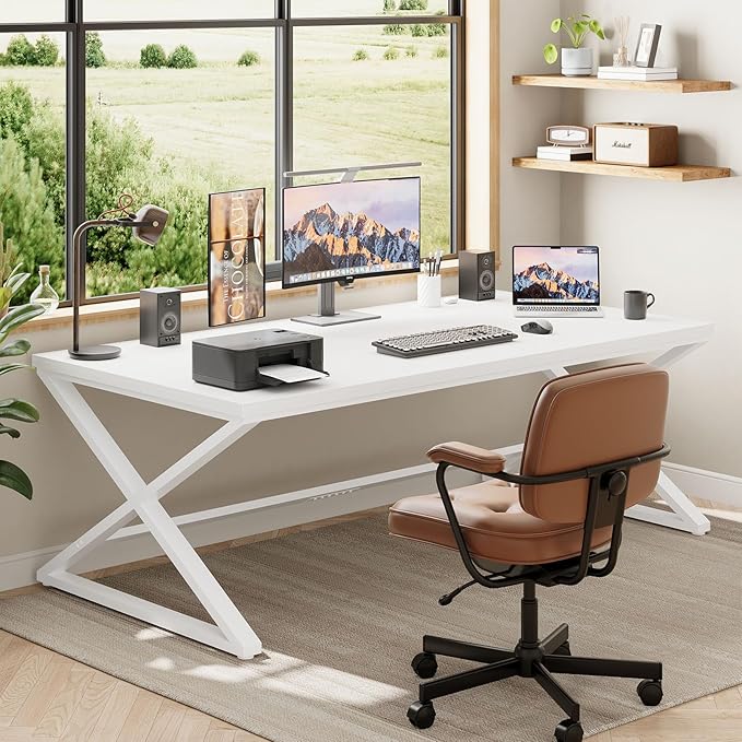 IBF Long White Computer Desk Modern Simple Large Home Office Desk Wood Metal Work Study Writing Table for 2 Monitors Double Pc Gaming Executive Workstation in Bedroom Living Room White Oak70 in