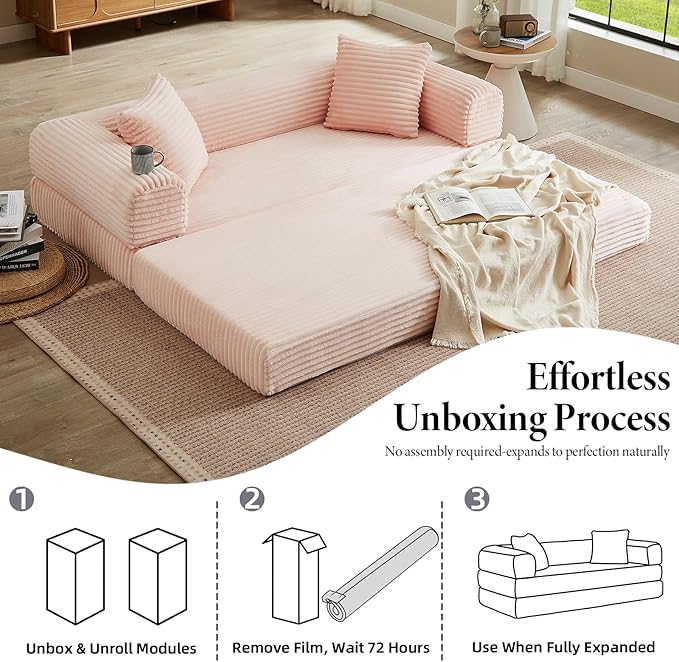 Folding Convertible Sleeper Sofa Bed Corduroy Upholstered Boneless Couch with Pillows Modular Floor Sofa Compression Couch for Living Room No Assembly Required (Pink)