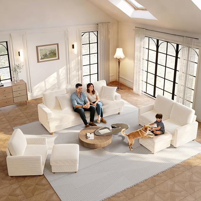 25.2 Couches for Living Room Comfy Beige Ottoman with Storage Foot Rest Tool-Free Setup Small Ottoman Foot Rest for Couch Corduroy Couch for Bedroom Apartment Office