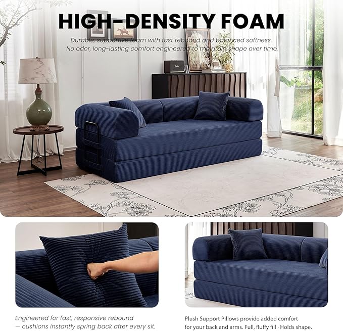 79 5-in-1 Convertible Sofa Bed Premium Sleeper with Reinforced Frame &amp Plush Corduroy No Assembly Modern Couch for Lounge Living Room &amp Guest Room Blue