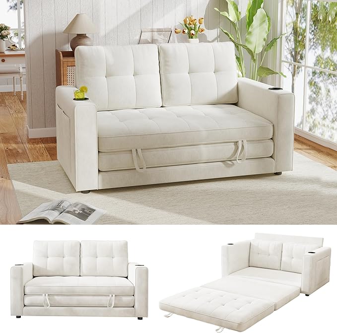 Convertible Sofa Bed Pull Out Loveseat Sleeper Sofa 2 in1 Folding Couch Bed Floor Sofa Couch for Small Spaces Fold Out Floor Bed with Pillows for Living Room Bedroom - Beige