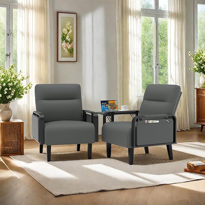 Modern Accent Chair Mid Century Armchair with Side Table &amp Wood LegsUpholstered Faux Leather Sofa Side Chairs for Living Room Reading OfficeBedroom(Grey)