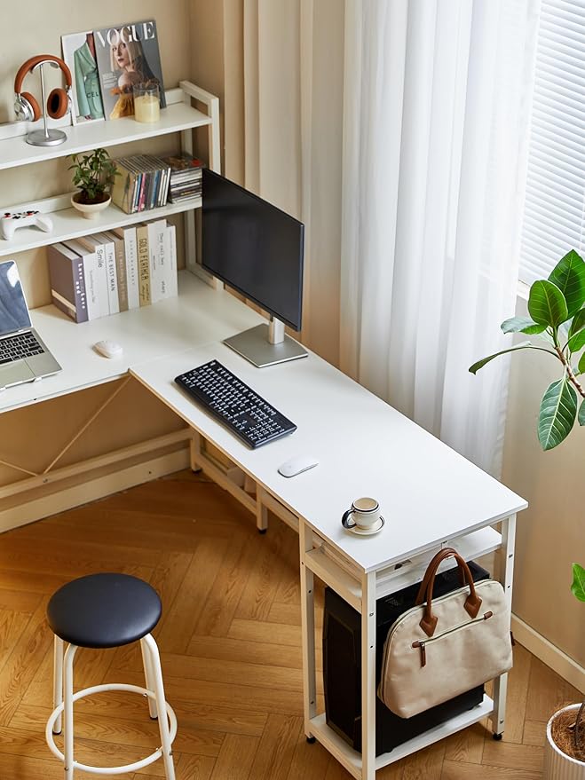 94.5 Inch Home Office Desk L Shape Gaming Desk with Storage Shelves and Stool
