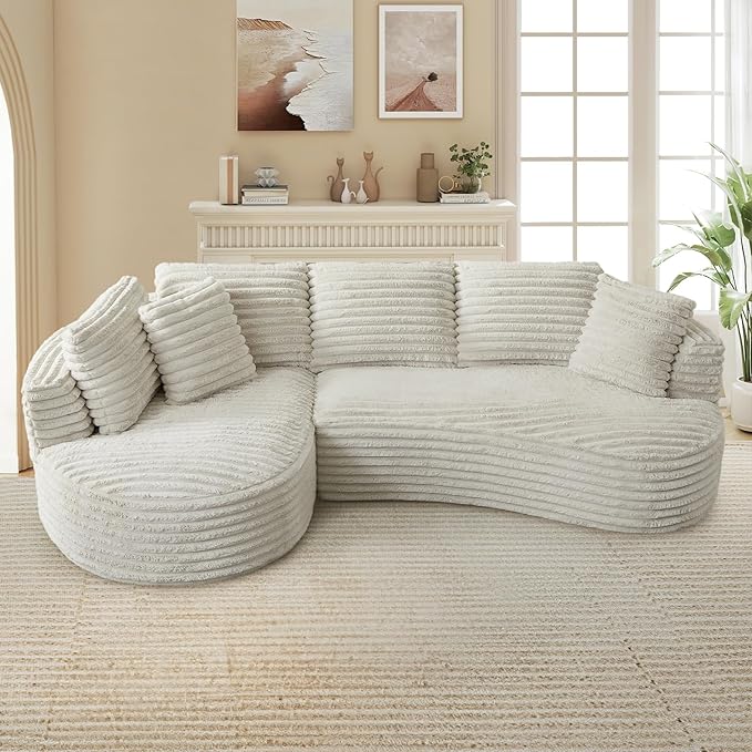 120W Oversized Modern Curved Cloud CouchCorduroy Modular Sectional Sofa with Chaise L Shaped Boneless Couch Compression Foam Sofa for Living Room Bedroom No Assembly Required(Left Facing Cream)