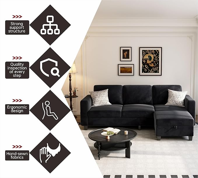 Youmumeub Sectional Couches for Living Room - Convertible Sofa and Storage Bench79''Modern Corner ConfigurationSuitable for Living Room Apartment Bedroom and Office-Black | Reversible Chaise Wash