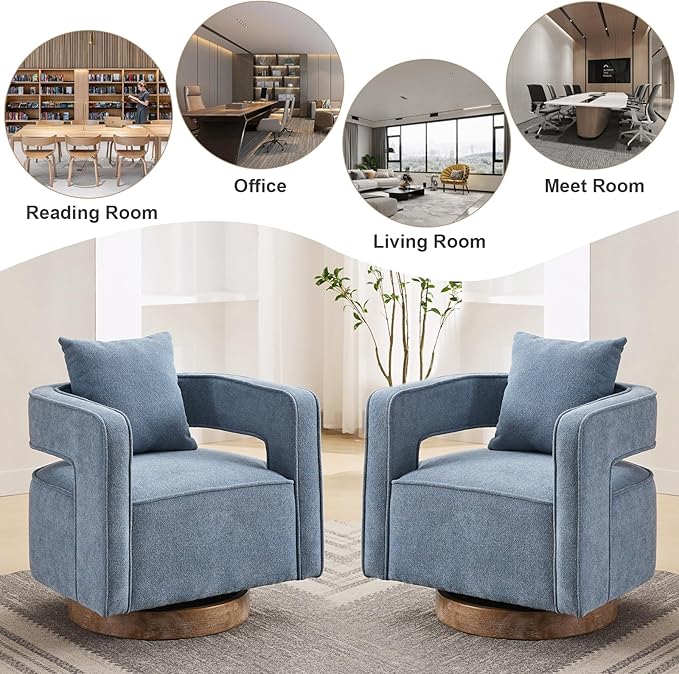 Swivel Accent Chairs for Living Room Upholstered 360° Round Barrel Arm Chair with Open Back &amp Wood Base Comfy Linen Blend Square Single Club Chair for Bedroom Office Hotel Reception (Blue)