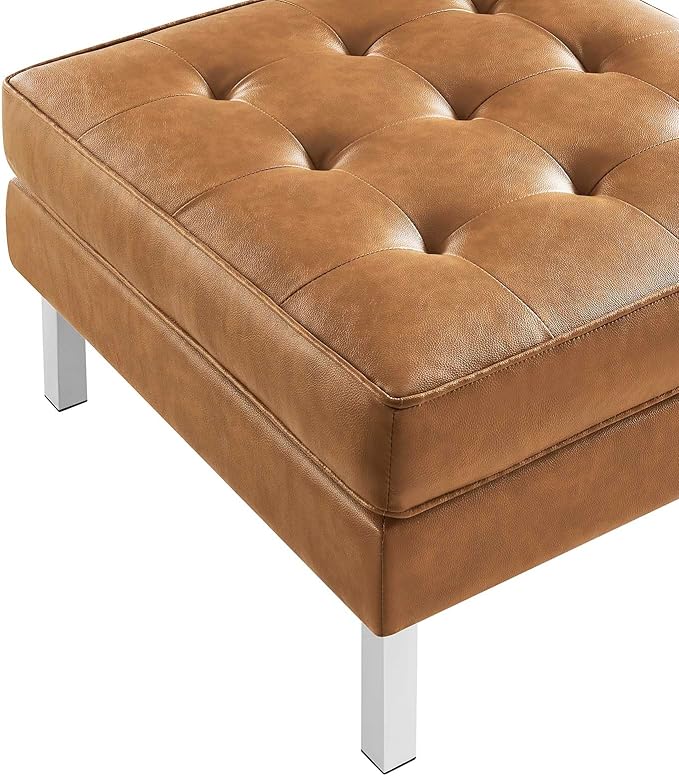 Modway Loft Tufted Button Faux Leather Upholstered Square Ottoman in Silver Tan
