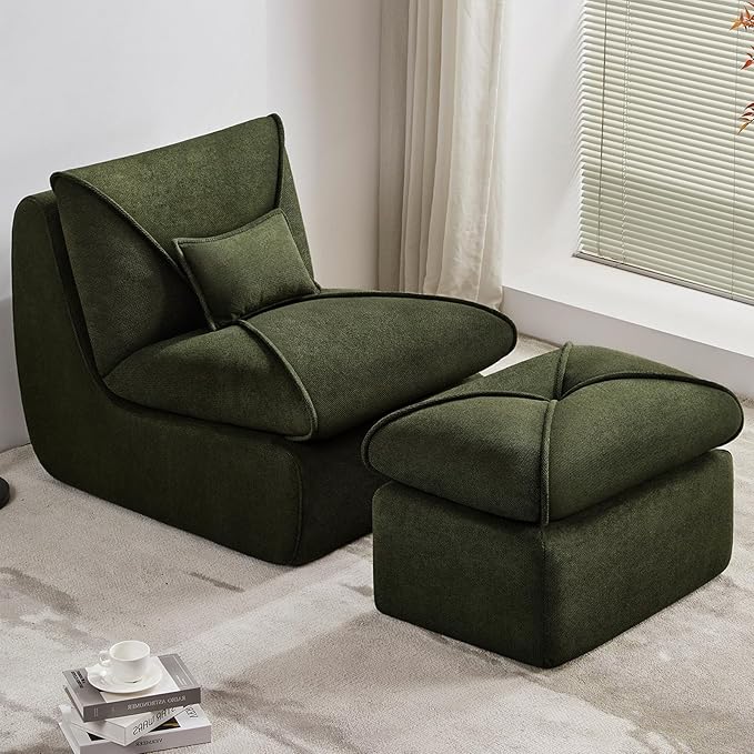 29” Oversized Lazy Sofa Chair and Ottoman Set Chaise Lounge Chair Indoor with Pillows Comfy Reading Couch for Adults Suitable for Living Room Small Spaces Memory Foam Chenille (Green-1)
