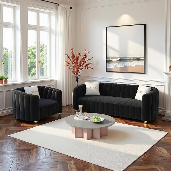 Modern Velvet Sofa Couch for Living Room 42 Comfy Upholstered Sofa Chair with Gold Metal Legs &amp Pillow Luxury Sectional Armchair Sofa for Bedroom Office Apartment Black