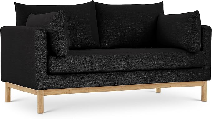 Meridian Furniture 157Black-L Langham Collection Mid-Century Modern Linen Textured Fabric Upholstered Loveseat Black Linen Textured Fabric Natural Finish Wood Base 66 W x 33.5 D x 33 H Black