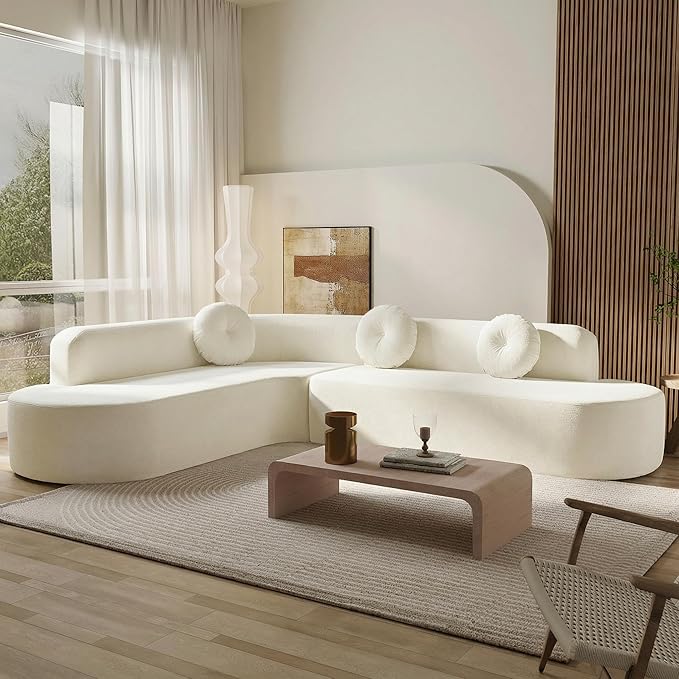 122'' Sectional SofaExtra Large Sofa with Soft Fabric Upholstery Elegant Curved Design with Three Round Cushions High-Resilience Foam for Ultimate ComfortBeige