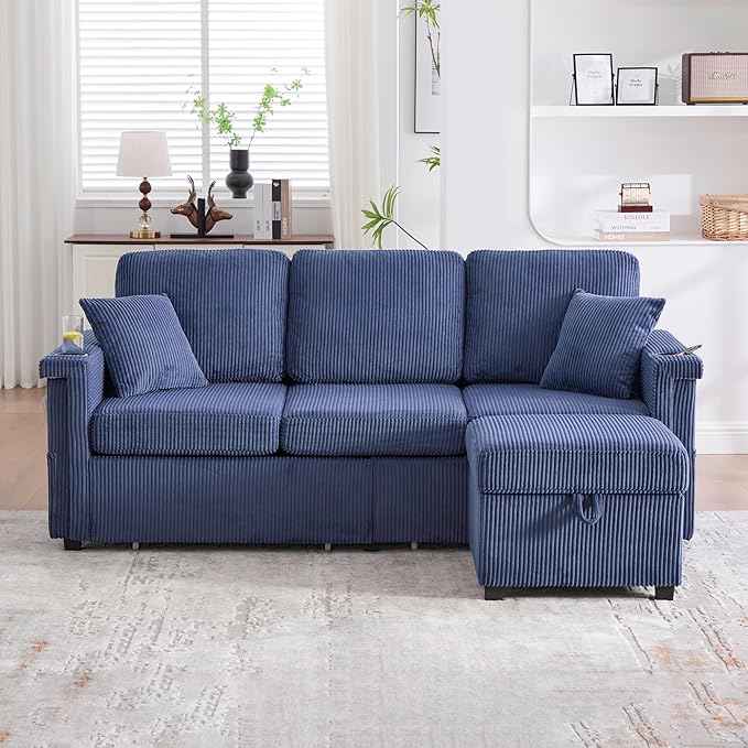 L Shaped Sectional Sofa with Storage &amp Movable Ottoman 76 Corduroy 3 Seater Sectional Couch with USB Charging Cup Holder &amp LED Light Couches for Living Room Navy Blue
