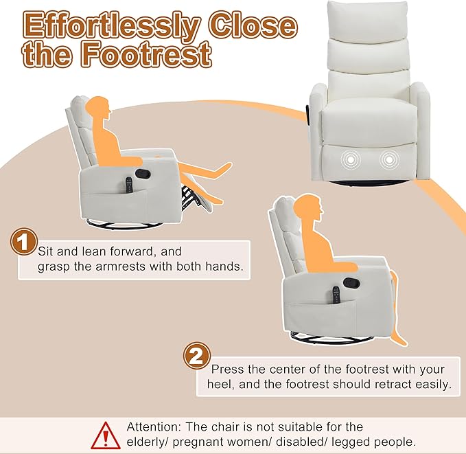 Manual Swivel Rocker Recliner Chair for Adults Overstuffed Glider Recliner for Nursing with Vibration Massage &amp Heat Living Room Rocking Recliner 3-Stage backrest Faux Leather White