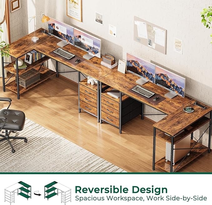 Simple Deluxe L Shaped Gaming Desk with Power Outlets 55 Inch Computer Desk with 3 Drawers Shelves Corner Computer Desk for Gaming Corner Work Home Office Study Rustic Brown