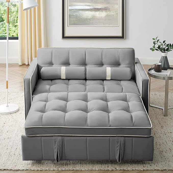 3-in-1 Convertible Sleeper Sofa Bed55.5 Modern Velvet Tufted Pull Out Couch BedFuton Small Love Seat Sofa with Adjustable Backrest&ampCylinder Pillows for Living RoomBedroomApartment(Grey)