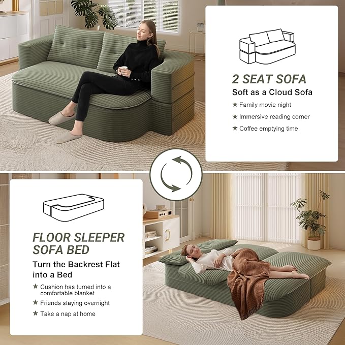 78.7'' Convertible Sleeper Sofa Corduroy Floor Foam Compression Loveseat Sofa Bed Couch Modern Folding Futon Couch Foldable Full Size Guest Bed with 2 Pillows and Blanket for Living Room (Green)