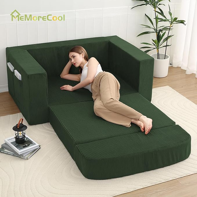 MeMoreCool Green Corduroy Fold-Out Loveseat Sofa Bed – Boneless Convertible Floor Couch with Foam Compact Sleeper Futon with Washable Cover No Assembly Required for Small Spaces &amp Bedroom