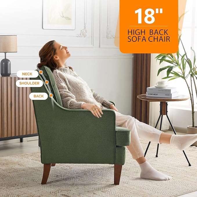 VINGLI Mid-Century Accent Chairs Green Upholstered Armchair Comfy Sofa Chair Reading Chair High Back Living Room Bedroom Furniture for Apartment