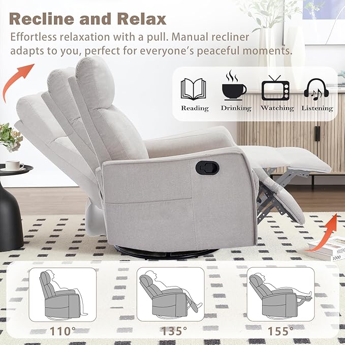 cinkehome Swivel Rocker Recliner Chair with Heated Massage Rocking Reclining Chairs for Nursery Small Spaces High Back Side Pocket