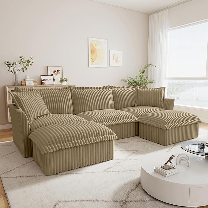 120 Inch 3-Seater Oversized Sectional Sofa with 2 Ottomans - Wide Deep Seat Removable Washable Corduroy Fabric for Living RoomCamel