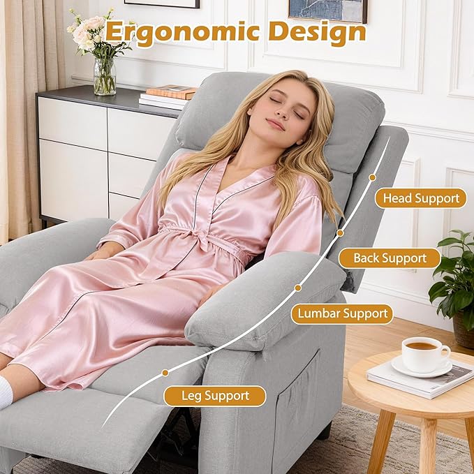 Recliner Chair Living Room Chairs for Adults Padded Deep Seat Reading Chair with Side Pockets Small Recliners for Small Spaces Lounge Chair for Living Room Bedroom and RV (Linen)