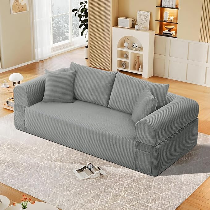 83 Sofa in a Box 3 Seater Couch No Assembly Boneless Sofa Bed with Cushion Back 2 Pillows Deep Seat Corduroy Fabric Side Storage Pockets for Living Room Bedroom Apartment Office Light Grey