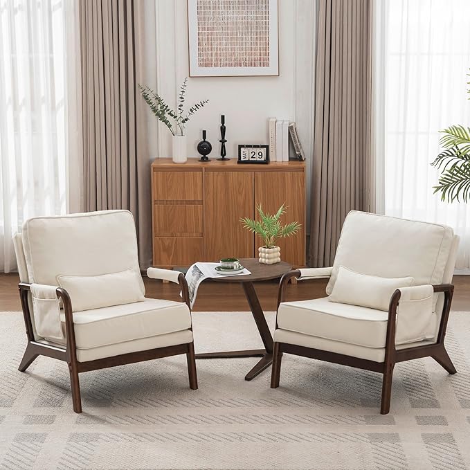 Mid Century Modern Chair Set of 2 Upholstered Lounge Arm Chair with Solid Wood Frame Comfy Accent Chair for Living Room Bedroom ReadingWaitingReception Beige