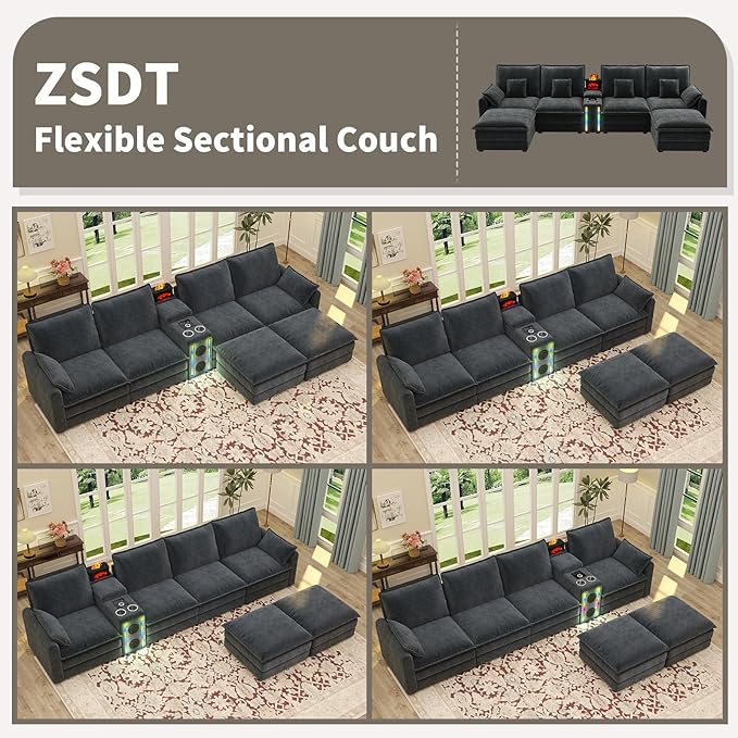 Modular Sectional Sofa 6 Seat U Shaped Couch Smart Module-Bluetooth Speaker/RGB Light/Humidifier/Charging Station Chenille Sectional Couches for Living Room with 2 Movable Ottomans (Dark Grey)