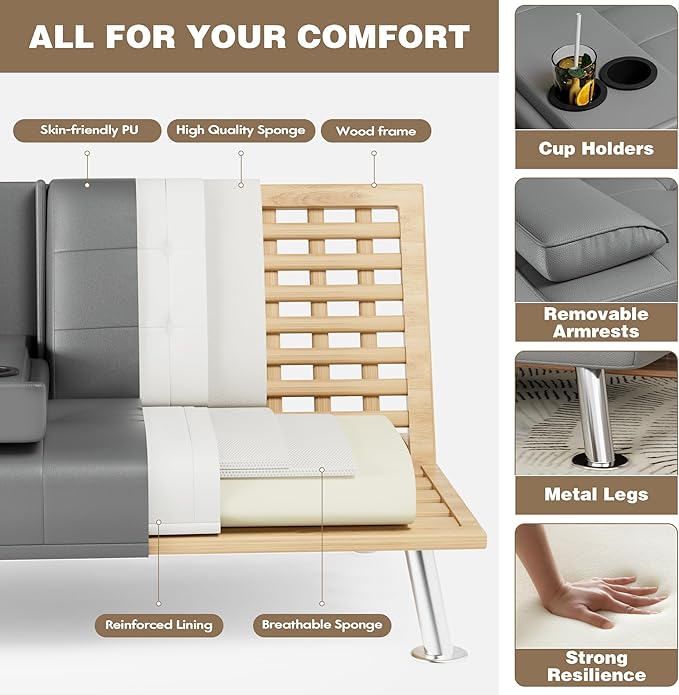 Homall Futon Sofa Bed Leather Futon Couch with Removable Armrests Adjustable Recliner Sleeper Sofa Bed with Dual Cup Holders for Living Room Apartment Office (Gray)