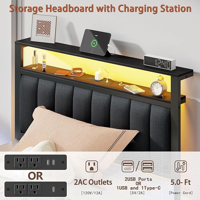 Furnulem Twin Bed Frames with Charging Station and LED Lights Grey Upholstered Headboard with Shelves Metal Platform Bed with 2 Under-Bed Storage (Fabric Drawer on Wheels) No Box Spring Needed