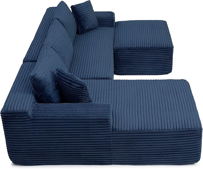KEIKI 3 Seater Corduroy Boneless Modular Sectional Couch Sofa with Oversized Chaise Lounge Ottoman &amp Back Cushions Deep Seat Modern L-Shape Cloud Compressed Sofa Couches for Living Room Bedroom